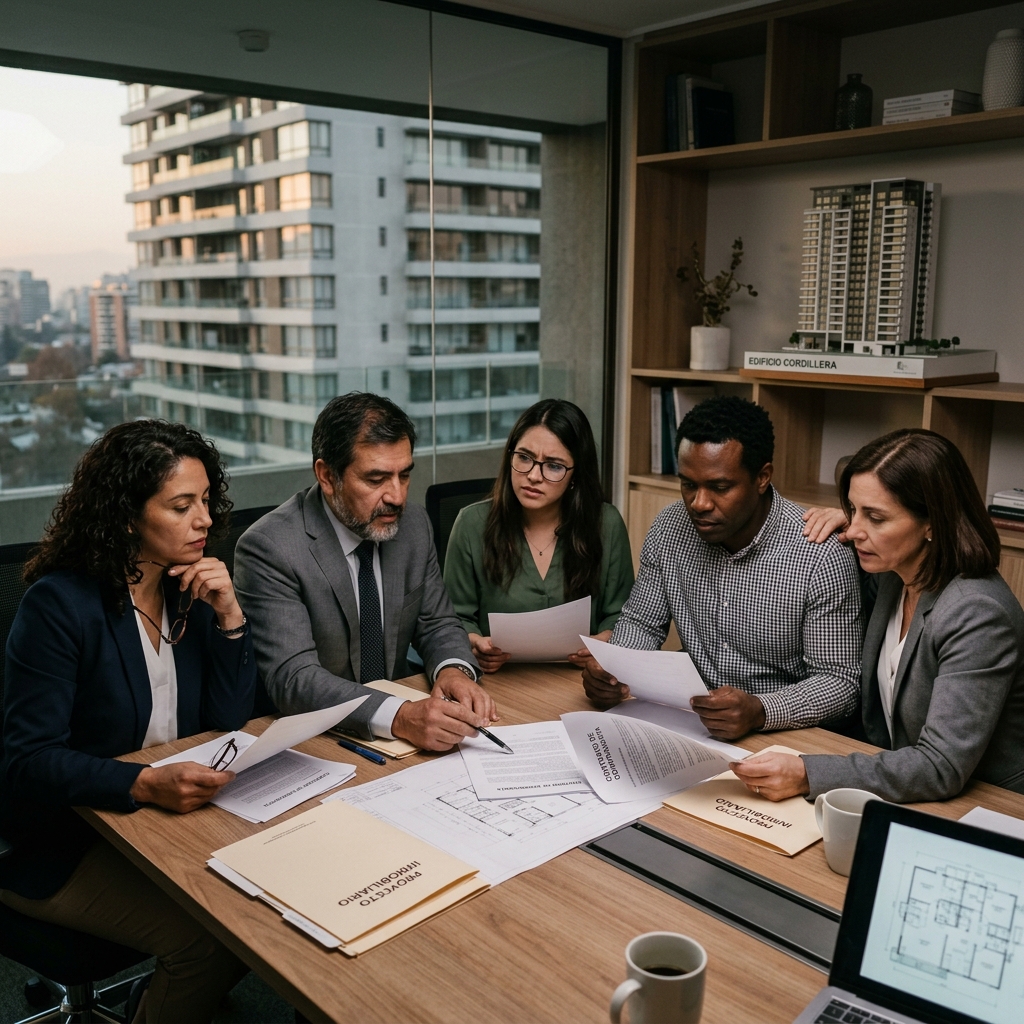 Personas revisando antecedentes de un caso inmobiliario